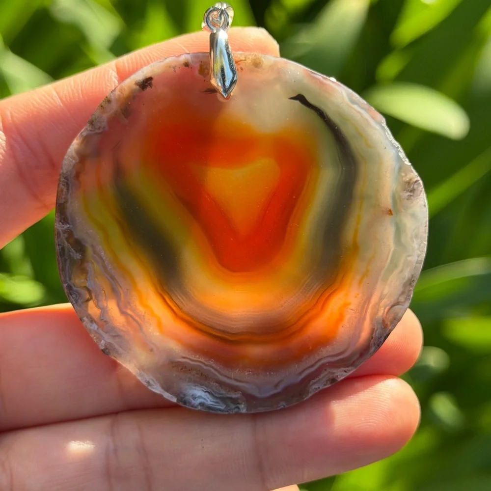 Sterling silver 925 stamped red brown banded agate pendant 0728‎